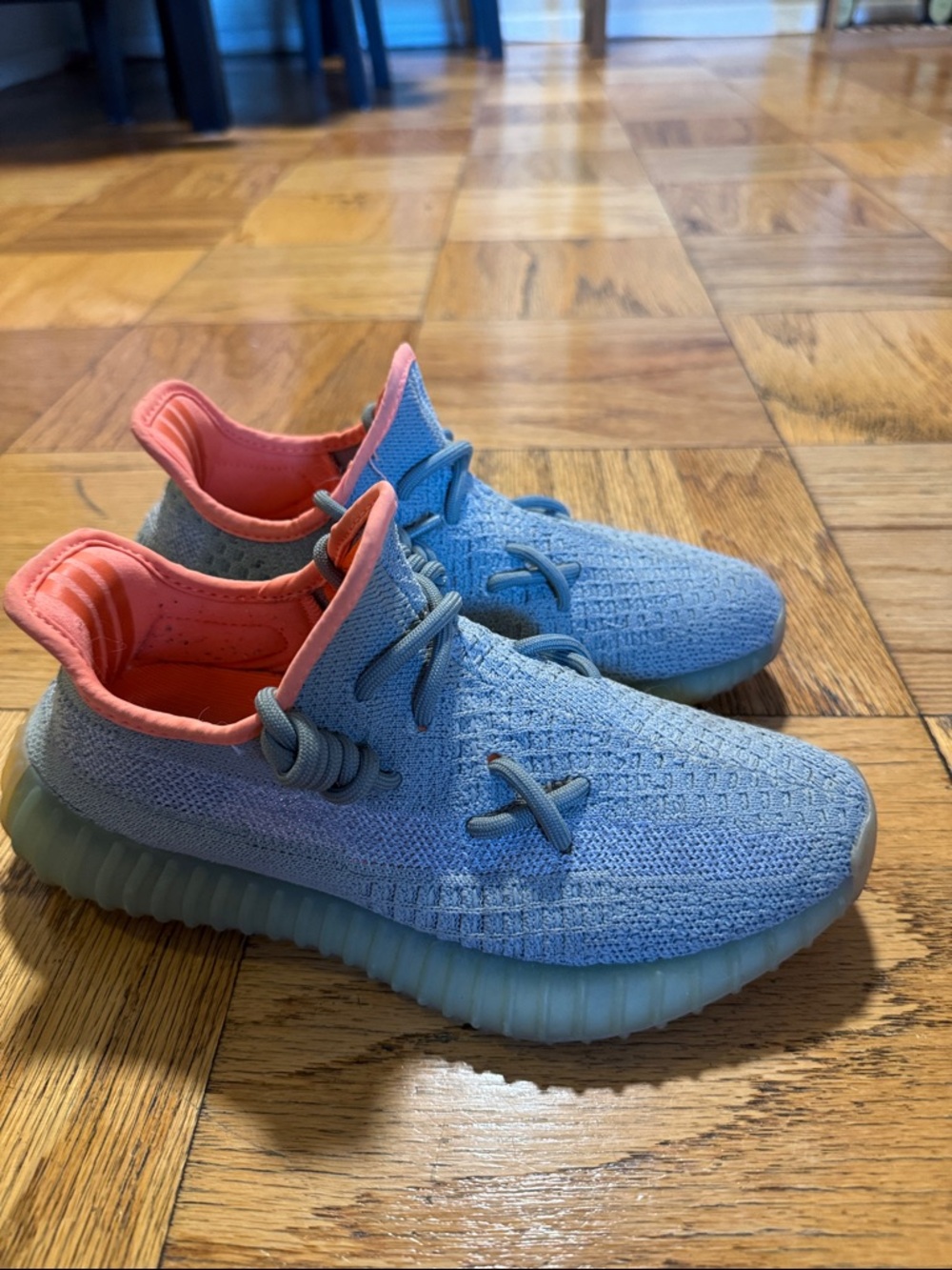 Yeezy Athletic Sneakers in Light Blue with Coral Lining